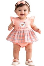 Baby Girls Frock Dress With Bloomer Set | Short Sleeve Polka Dot Inner Layer & Bow Detail Special For 0-6 Months (Light Pink)