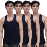 Amul Comfy Cotton Solid Sleeveless Navy U Neck Vest For Men (Pack Of4)