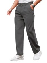 SMOWKLY Men’s Poly-Lycra Premium Stretch Waist Dress Pants || Wrinkle Free, 4 Pockets, Tailored Straight Leg || Golfer’s Style Casual Office Wear Trouser (1631_Gry_36) Grey