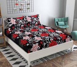 VORDVIGO 3D Polycotton Double Bed Bedsheet with Two Pillow Covers_Size-90 * 90 inch (Red & White Flower Design)