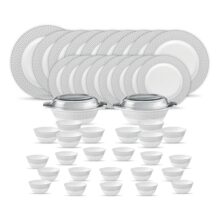 La Opala Diva Velvett Collection Opal Glass Crockery | For Family Of 8 | Dinner Set 45 Pcs Tudor Grey | Plates & Bowls For Dining | Microwave Safe | 100% Vegetarian | Extra Strong | Light & White