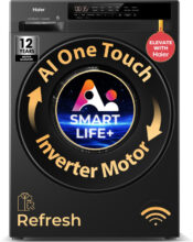Haier 7 kg AI One Touch, AI Smart Wash (AI-DBT),PuriSteam, 525 mm Super Drum, Inbuilt Heater, Wi-Fi Enabled Fully Automatic Front Load Washing Machine with In-built Heater Black(EFL70-IM12F3BKU1)