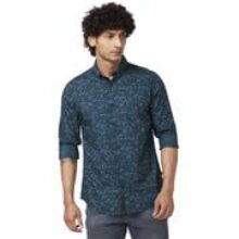 Spykar Men Teal Green Poplin Regular Slim Fit Full Sleeve Causal Printed Shirt