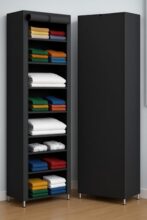 SUBEKYU Foldable Cloth Almirah 9 Shelf Plastic Wardrobe | Collapsible Clothes Storage Cupboard Organizer Rack for Bedroom, Black