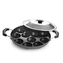 CELLO Aluminium Nonstick 12 Cavity Appam Patra Pan Maker with Steel Lid, Black | 2 Side Riveted Handle, Gas Stove Compatible Die-Cast Mini Uttappa Paniyarakkal Cup Cake Frying Pan Kadhai for Kitchen