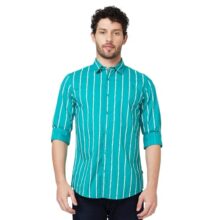 Spykar Men Teal Green Poplin Regular Slim Fit Full Sleeve Striped Shirt