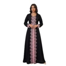 Women’s Black & Pink Embroidered Abaya JAKET Dress | Floral Embroidery, Long Sleeves, U-Neck, Colour Block Panel, Full Length