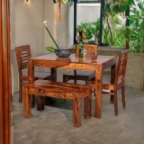 Custom Decor Carlsbade Solid Sheesham Wood 4 Seater Dining Table Set | with 3 Chairs and 1 Bench – Honey Teak Brown