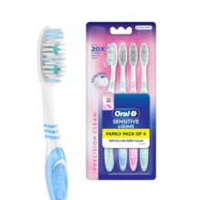 Oral-B Precision Clean Sensitive Soft Manual Toothbrush For Adults, Ultra Soft Bristles For Sensitive Teeth and Gums, Multicolour Tooth Brush Set, Oral B Dentist Recommended Brand (Family Pack of 4)