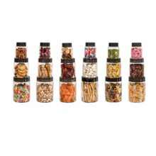 CELLO Diamond Pet Storage Container for Kitchen Set of 18 Pcs Black | 6x300ml, 6x650ml, 6x1200ml Freezer & Fridge Safe Stackable Airtight Kitchen Storage Container Jar Set for Candy Beans Flour Pastry