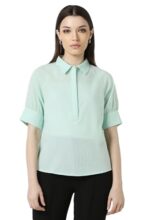 Van Heusen Women Green Textured Short Sleeves Formal Shirt