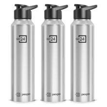 Go24 pexpo Stainless Steel Water Bottle Chromo Silver 950ml | Sipper Cap, Lightweight single-wall water bottle with leakproof lid, BPA-free, ideal for school, office, gym, travel.