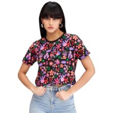 Spykar Black Half Sleeves Boxy Fit Printed T-Shirt for Women (Size: 2XL)-WKTFT2BD065-Black
