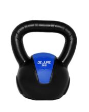 De Jure Fitness PVC Kettlebell 3kg for Men & Women Strength & Cardio Training, Soft Grip, Crushed Concrete Filled, Full Body Workout Equipment for Home & Gym Blue – Black