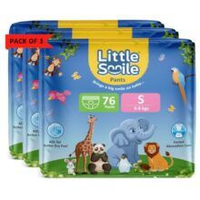 Little Smile Baby Diapers Pant Style | Size – S – 76 (Pack of 3) | Odorless and Antibacterial Layer with Urine Indicator (228 Pieces)