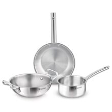 Bergner TriPro 3 Pcs Tri-Ply Stainless Steel Induction Bottom Cookware Set – 22cm (2L) Kadai and 22cm (1L) Frypan, 14cm (1.1L) Teapan, Less Oil Use, Easy to Clean – Induction and Gas Stove Ready
