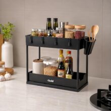 Clazkit 2-Tier Under Sink Organizer for Kitchen & Bathroom | Pull-Out Cabinet Storage Rack with Hooks & Hanging Cup | Multi-Purpose Organizer for Cleaning Supplies, Toiletries & Accessories | Black