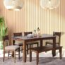 EXCEL HOME 6-Seater Dining Room Set, Solid Wood Table with 4 Chairs and Bench, Provincial Teak Finish with Grey Cushions
