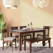 EXCEL HOME 6-Seater Dining Room Set, Solid Wood Table with 4 Chairs and Bench, Provincial Teak Finish with Grey Cushions