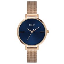 TIMEX Analog Watch for Women with Blue Round Dial & Rose Gold Stainless Steel Bracelet Band Water Resistant Women’s Wrist Watches – TWEL155SMU07