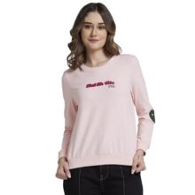Spykar Women Baby Pink Blended Regular FIt Round Neck Printed Sweatshirt