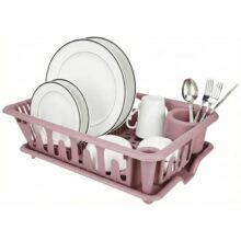 Lifelong Plastic Dish Drying Rack with Drain Tray, Kitchen Dish Drainer with Cutlery Holder, Utensil Organizer for Plates, Bowls & Cups (Pink)