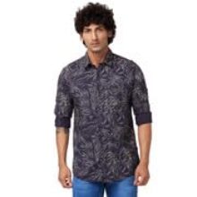 Spykar Men Navy Blue Slub Regular Slim Fit Full Sleeve Casual Floral Print Shirt