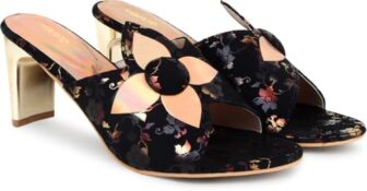 Action Women’s Floral Suede Mules| Black with Peach Flower Appliqué| Gold-Tone Heel_Dark_Brown_4