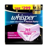 Whisper Super Absorbent Period Panty, 6 M-L Pants, 360 Degree Leakage Protection* For Heavy Flow, Panty Like Fit, Full Back Coverage, Absorbs Heavy Gushes, Silky Soft, Comfortable Feel