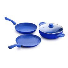 Crystal Marbo Plus Induction Bottom 4 Pc Nonstick cookware Set | Tawa 250 mm + Fry Pan 225 mm + Kadai 225 with Glass Lid | Thickness: 3mm | 5 Layer Coating | Metal Spoon Friendly | Blue