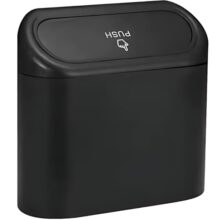 Xonco Car Trash Bin With Push Lid And Hanging Hook – Compact Plastic Garbage Can For Car Door, Seat Back Pocket And Desk Use – Black