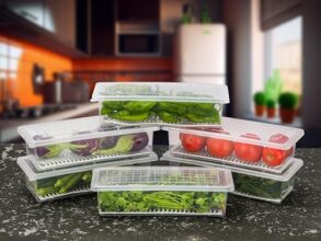 Houshe Multi-Purpose Food Storage Container With Removable Drain Plate And Lid, Stack-Able Freezer Storage Containers To Keep Fresh For Vegetables, Fruits, Fish, Meat, Transparent, 1500 Ml Set Of 6