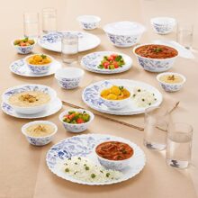 Larah by Borosil 35 Pieces Blue Eve Opalware Dinner Set for Family of 6 | Microwave & Dishwasher Safe Silk Series Crockery for Dining & Gifting, Bone Ash Free Plates & Bowls