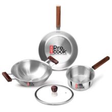 Milton Pro Cook Triply Stainless Steel 4 Pc Cookware Set | 24cm Kadai with Lid, 22cm Frypan, 16cm Tea Pan | Induction & Gas Compatible | Fast Heating | Sturdy Wooden Handle | 3-Year Warranty – Silver