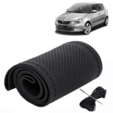 KINGSWAY® Car Steering Wheel Cover Sewable Compatible with Skoda Fabia (Year 2007-2014), Top-Notch PU Leatherite, Black Color with Black Thread, Pack of 1 with Sewing Needle and Thread
