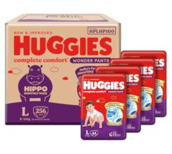 Huggies Complete Comfort Wonder Pants | Pant Style Baby Diapers Large Size, 256 Count | India’S Fastest Absorbing Diaper, Clinically Proven To Prevent Diaper Rash | Ideal For 9 To 14 Kgs (64 Count, Pack Of 4)