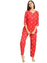Ichaa Women’s Red Rayon Printed Top and Pyjama Night Wear Night Suit or Lounge Wear Set