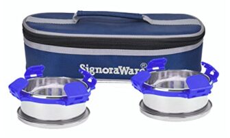 Signora Ware 350Ml+350Ml All Steel Midday Lunch Box with Bag, Food Grade BPA Free, Leak Proof and Air Tight Stainless Steel Containers, Compact and Sleek Tiffin Box (Set of 2 Violet)