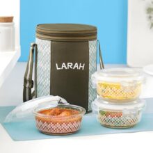 Larah Glassware Gracia Green Borosilicate Glass Lunchbox with Bag | Microwave & Dishwasher Safe, Leakproof | Tiffin for Office, School, College