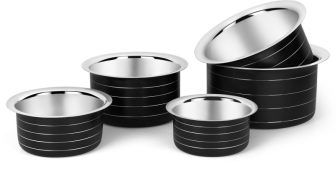 Classic Essentials Induction Friendly Tope Cookware Set (5 Piece ) Black Tope Set 600 Ml, 900 Ml, 1200 Ml, 1600 Ml, 2000 Ml Capacity 11 Cm, 12.5 Cm, 14 Cm, 15.2 Cm, 16.7 Cm Diameter(Stainless Steel, Induction Bottom)