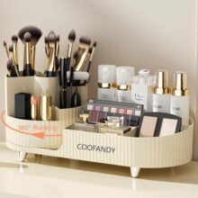 COOFANDY New Rotating Makeup Organizer for Vanity with Brush Holder, Large Capacity Cosmetic Display Case, Countertop Makeup Perfume Skincare Organizer, Spinning Lotions Display Case (OFF-WHITE)