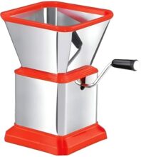 Manual Vegetable Chopper With Hand Crank, Stainless Steel Blade Drum, Square Hopper Design, Red Base