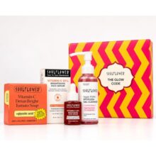 Soulflower The Glow Code Gift Set, Combo Kit with 20% Vitamin C Serum, Korean PDRN Face Wash, Tan Removal Tomato Soap for Anti Tan, Clenaser, Skin Brightening for Men & Women – Pack of 1