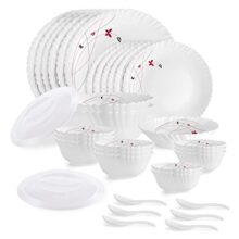 Cello Opalware Dazzle Series Lush Fiesta 35 Piece Dinner Set Serving for 6 | Bone Ash-Free | Lightweight, Elegant White Plates & Bowls Set | Opal Glass Crockery Set for Daily Use Dinning & Gifting