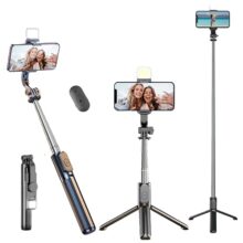 Kratos K14 Selfie Stick Tripod, 100CM Length with Light, 3 in 1 Multifunctional Design, Rechargable LED Light with Two Brighness Levels for Make up, Selfie & Photo Shoot with Bluetooth Remote