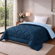 Homekart 220 Gsm Solid Plain Reversible Summer Microfiber Ac Comforter/Duvet| All Season Single Size 3 Layered Quilted Blanket For Single Bed (220 Cm X 152 Cm, Teal Blue And Grey)| Tc – 250