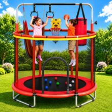 Toy Imagine 55-Inch Kids Trampoline with Safety Enclosure Net, Swing, Gymnastic Rings, Punching Bag, Basketball Hoop & Balls, Indoor Outdoor Activity Trampoline for Boys and Girls Ages 3+