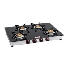 Akai 4 Burner Gas Stove with Toughened Glass | Tri-pin Brass Burners | Manual Ignition, Ergonomic Knobs| 360° Nozzle | ISI Certified | High Efficiency | 2-Year Warranty & PAN-India Service