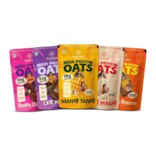 ROSIER High Protein Oats Assorted Pack | 21g Protein | Banana Cinnamon, Cafe Mocha, Double Chocolate, Kulfi & Mango | Instant Healthy Breakfast | 5 x 77g Ready-to-Eat Pouches