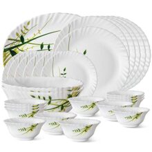 Larah by Borosil Fluted Series Green Herbs Opalware Dinner Set | 27 Piece for Family of 6 | Microwave & Dishwasher Safe | Bone-Ash Free | Crockery Set for Dining & Gifting | Plates & Bowls | White